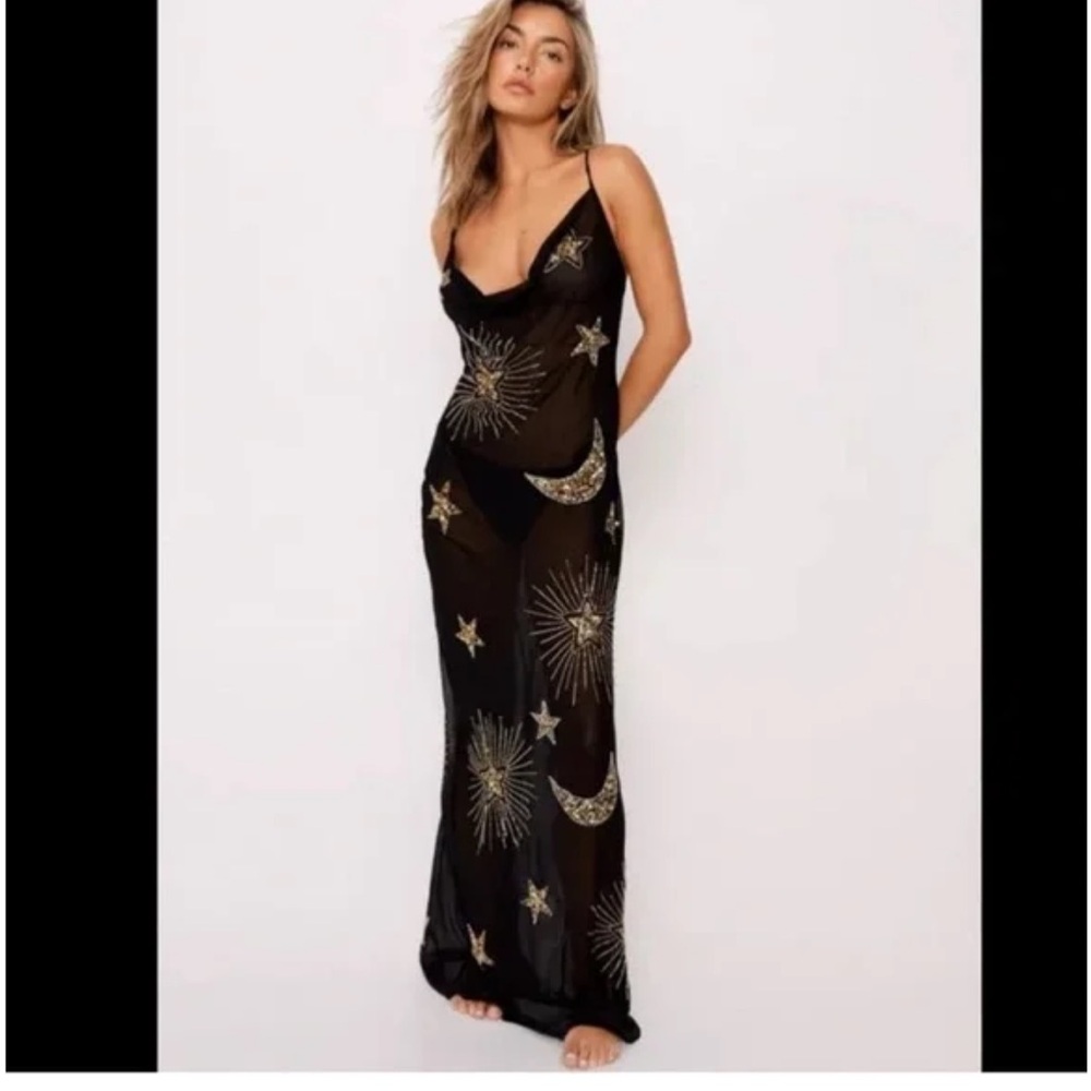 Hand beaded embellished celestial cowl neck maxi beach dress med nasty gal